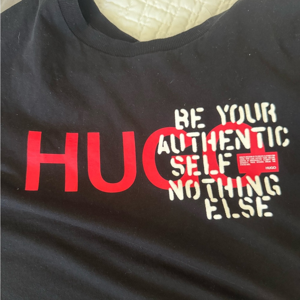 HUGO Black Tee with Red and White Graphic